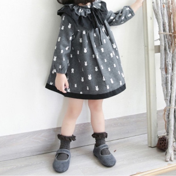 Toddler Girls Bunny Pattern Long Sleeve Gray Dress - Picture 2 of 8
